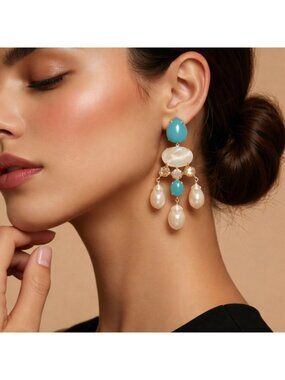 Bounkit Chandelier Earrings 14K Gold Plated Turquoise Pearls Clip-On 2-Ways
